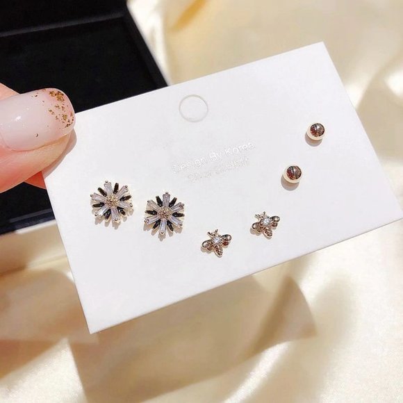 [3 Pairs] 925 Sterling Silver Diamond Earrings E - Picture 2 of 7